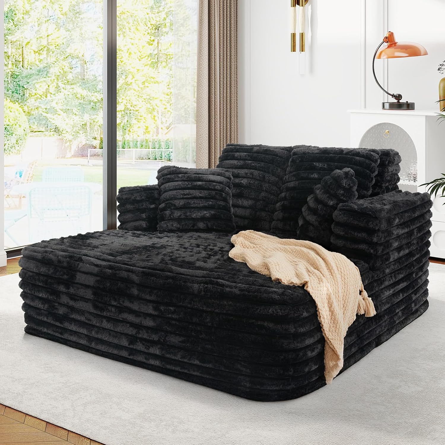56" Oversized Chaise Lounge Chair Indoor,Plush Faux Fur Sleeper Sofa Couch Bed with Pillows&Wide Armrests,Fluffy Comfy Cloud Couch,Compression Foam Couch for Living Room,Bedroom(Black)