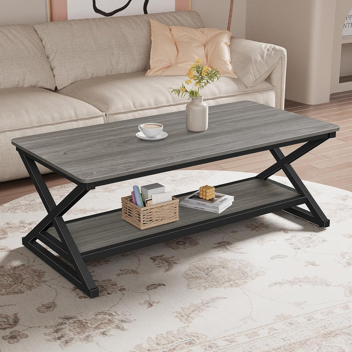 47" Coffee Table for Living Room, 2-Tier Rectangle, Grey Oak