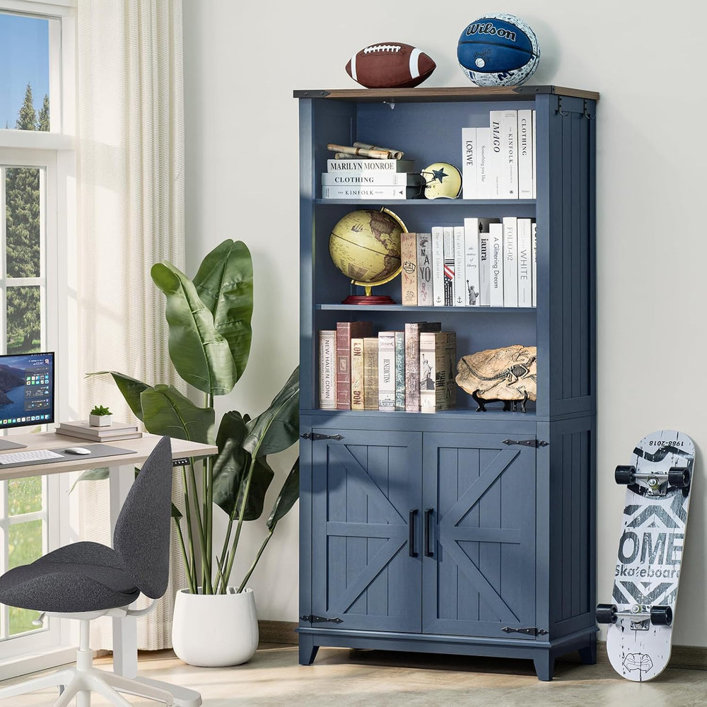 Joaxswe 70in Tall Bookshelf 5 Tier Bookcase with Barn Doors and Adjustable Sh...
