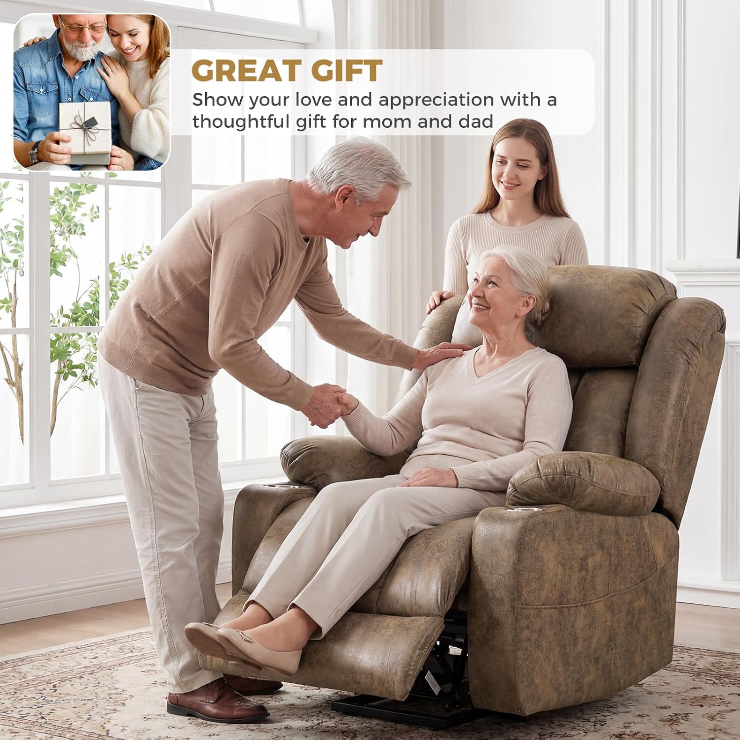 Oversized Power Lift Recliner Chair, Big and Tall, Light Brown | Lift Chairs with Massage and Heating, Breathable Faux Leather with Metal Cup Holders, USB A&C Ports