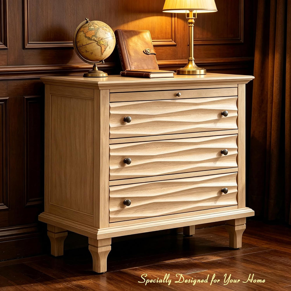 Traditional Wave Textured Nightstand, 3 Drawers Farmhouse Bedside Table with ...