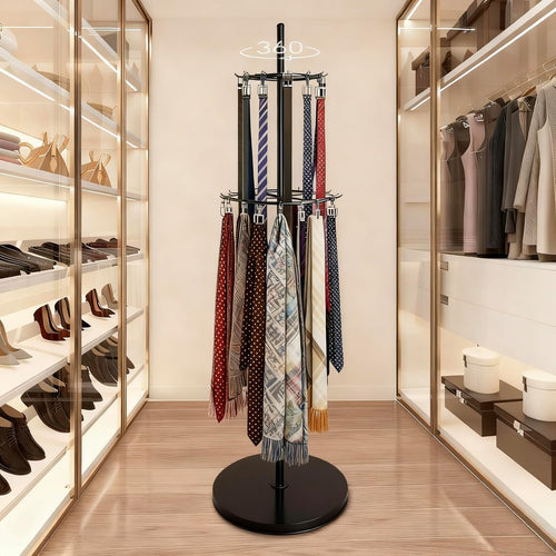 360° Rotation Belt Hanger, Black Belt Display Scarf &Ties Rack Stand, Floor Mounted Metal Men Closet Belt Organizer Holder Jewelry Necklaces Purse Hanger Shelf for Clothing Store Retail & Home