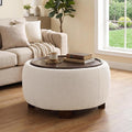 VKNOW 30" Round Storage Ottoman Coffee Table, Ottoman with Sotrage with Lift-Off Lid and Solid Wood Legs, Coffee Tables for Living Room, Bedroom, Apartments, Corners, Beige