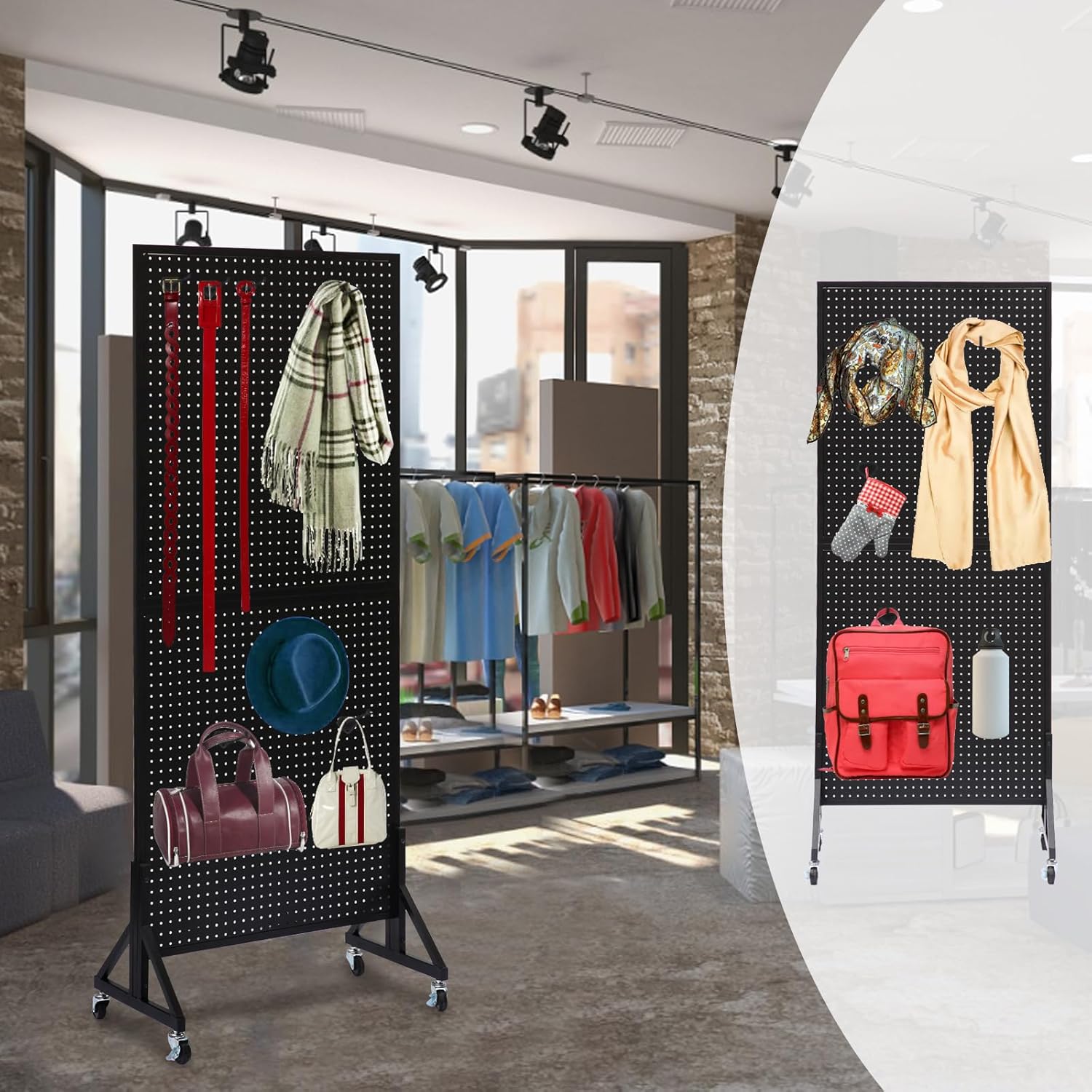 Eastern Tree 2.5'x 6' Metal Pegboard Display Stand with T-Base, Black Peg Board Panels Display with Casters, Standing Pegboard Display, Retail Display Stand, Extra 10 Pieces Hooks, Black