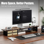 Dual‑Tier Monitor Stand Riser with Drawers, Desktop Organizer Shelf Storage for Computer Screen 2 Monitors, Supports for PC Computer Monitor, Printer, Heavy TV Riser Brown and Black