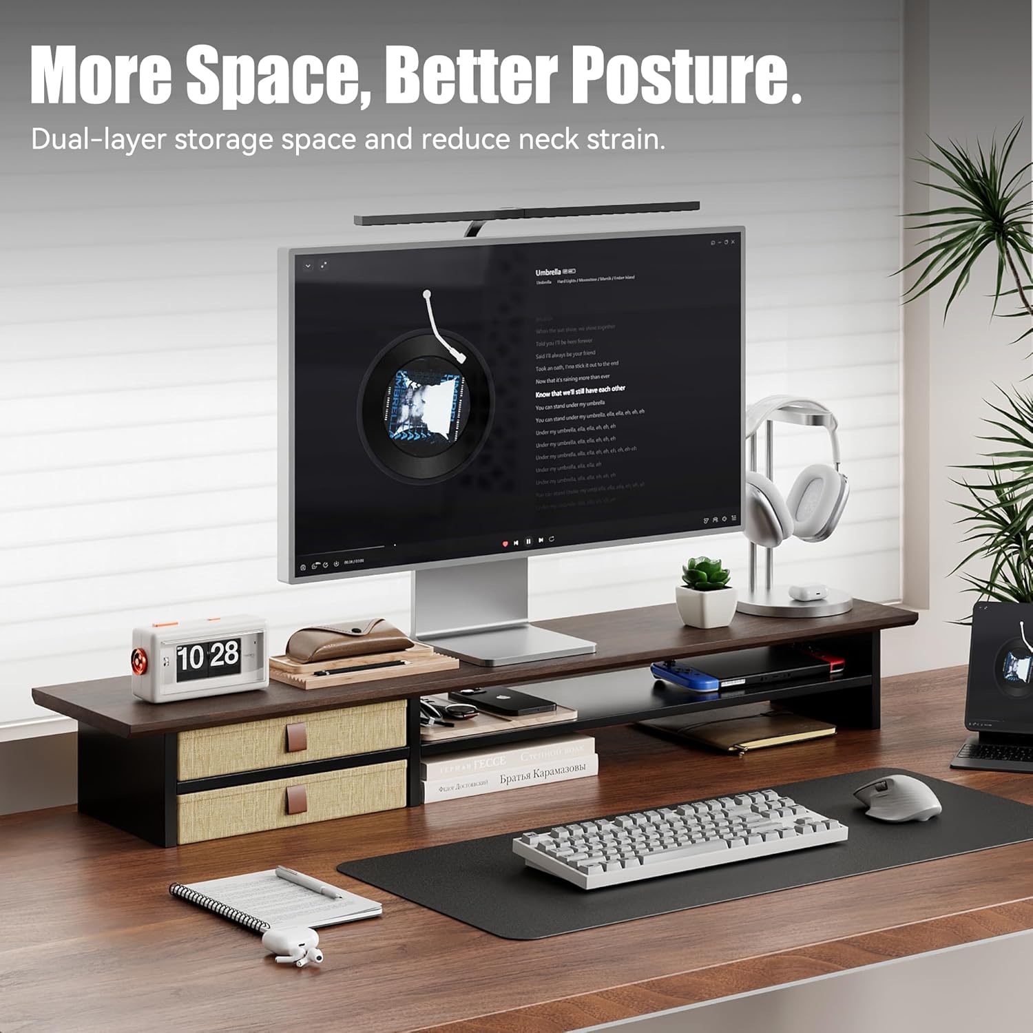 Dual‑Tier Monitor Stand Riser with Drawers, Desktop Organizer Shelf Storage for Computer Screen 2 Monitors, Supports for PC Computer Monitor, Printer, Heavy TV Riser Brown and Black
