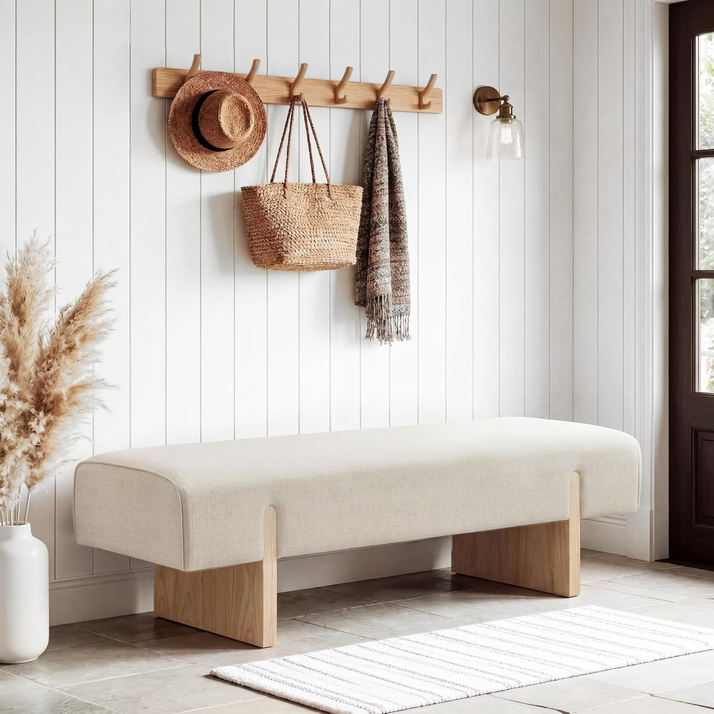 55’’ Upholstered End of Bed Bench, Linen Entryway Bench with Solid Wood Legs,...
