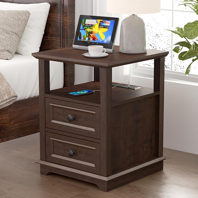 18" Wide End Table with Fast Charging Station Set of 2, 18” Wide Sofa Side Table with Drawers,End Table with Drawers for Living Room,Cherry