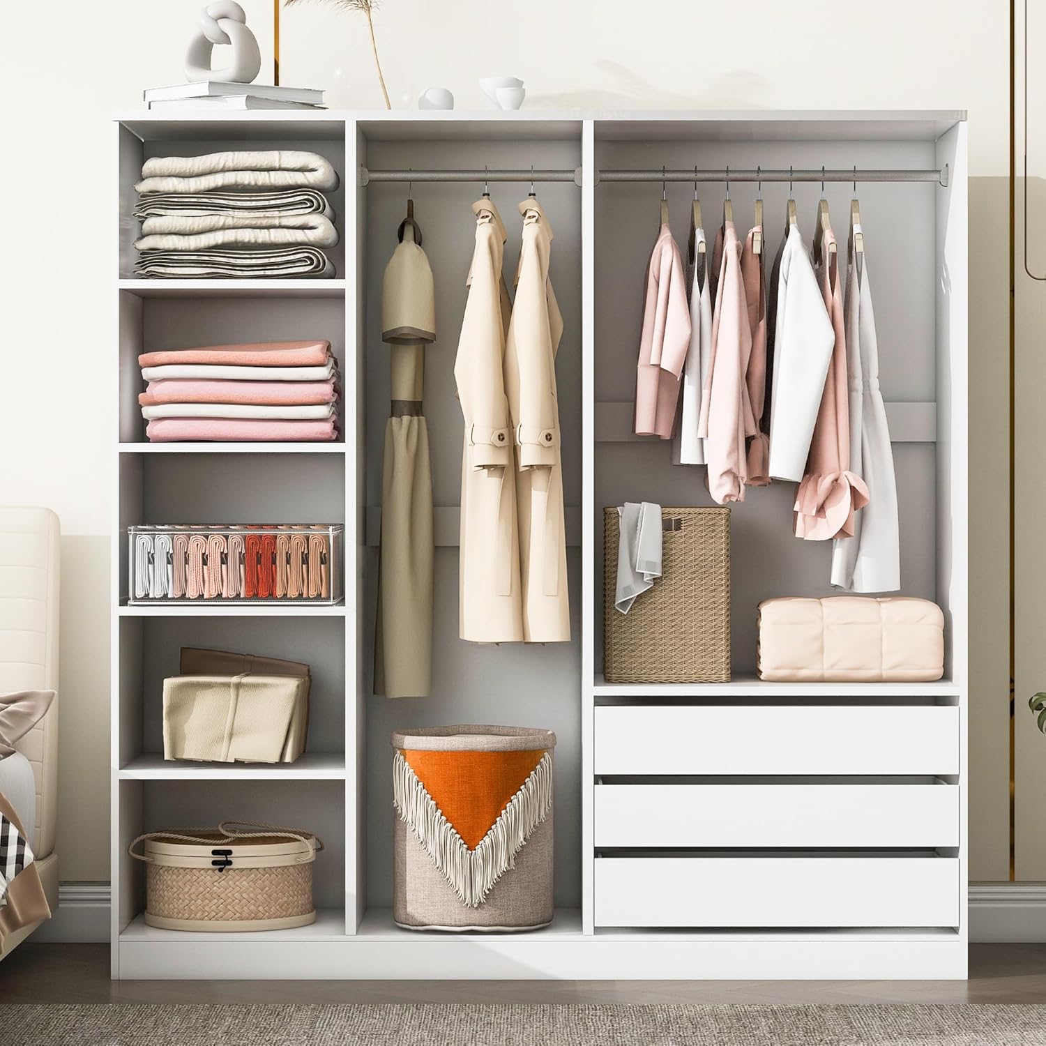 Merax Doorless Wooden Storage Wardrobe with Shelves and 3 Drawers, Functional Clothes Cabinet for Bedroom, Apartment