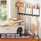 Broom Holder Wall Mount with Cleaning Supplies Organizer, Laundry Room Organization and Storage Shelves with Ironing Board Holder, Mop Hanger Broom Rack with Hooks, Home Improvement Garage Organizer
