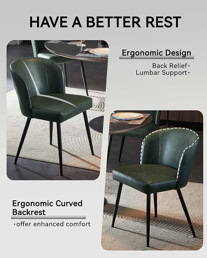 Dining Chairs Set of 2, Upholstered Kitchen Chairs with Faux Leather Cushion Seat and Metal Legs, Mid Century Modern Dining Room Chair for Kitchen, Living Room, Easy Assembly, Green