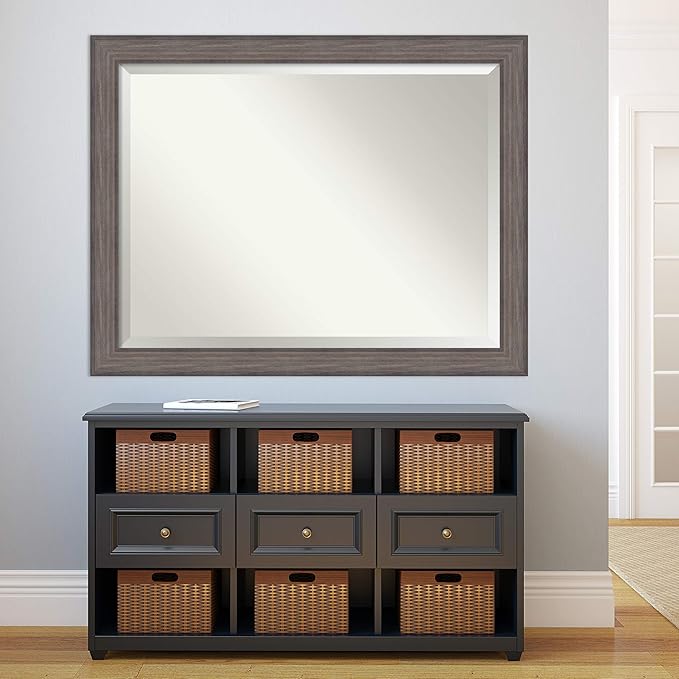 Amanti Art Grey Wall Mirror 35x45 Country Barnwood Rectangle Bathroom Mirror for Wall Decor Living Room, X-Large Rustic Farmhouse Wood Frame, Hangs Horizonally and Vertically, Bathroom Decor, Beveled
