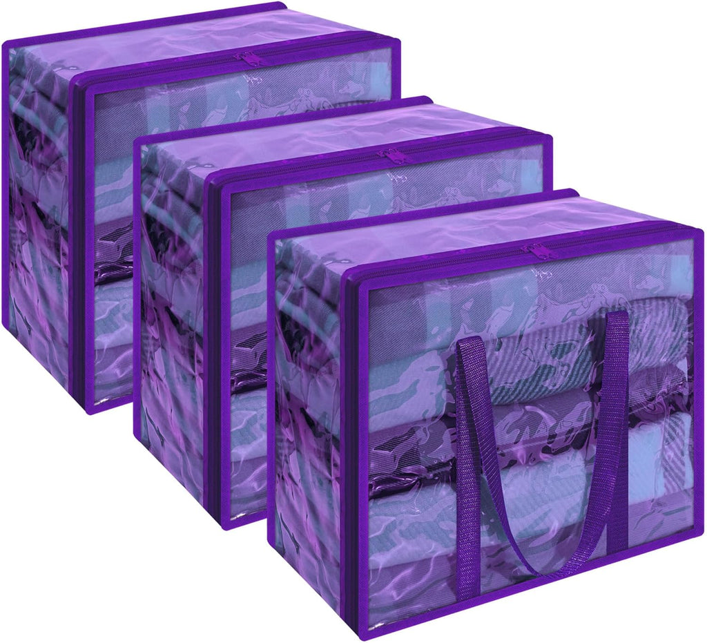 Vieshful 90L Clear Clothes Storage Bag Colorful Clothes Organizer with Zipper Vinyl Storage Bag for Comforter, Blanket, Bedding, Duvet, Transparent Moving Totes 3 Pack, Purple