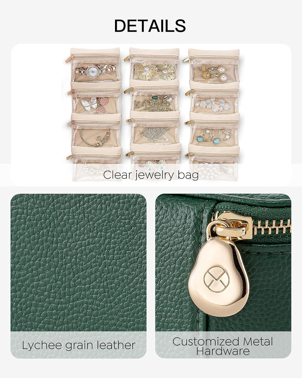 VLANDO Jewelry Travel Case,Travel Jewelry Organizer with Clear Velvet Jewelry Bags Zipper Pouch for Women Girl Gift-Green 12Pcs