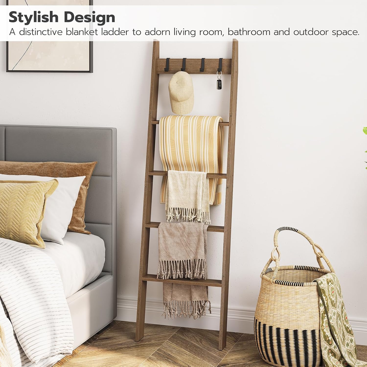 HOOBRO Blanket Ladder and Corner Shelf Stand Bundle, Decorative Ladder Shelf with 4 Removable Hooks, Corner Shelves Display Shelf for Living Room, MA51CJ01G1-YL108CJ01