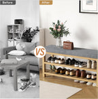 2 Tier Shoe Rack Bench with Cushion, Rubberwood Shoe Benches, Mid-Century Modern Shoe Storage Bench for Entryway, Hallway, Living Room, Closet, Front Door Entrance, Dark Grey