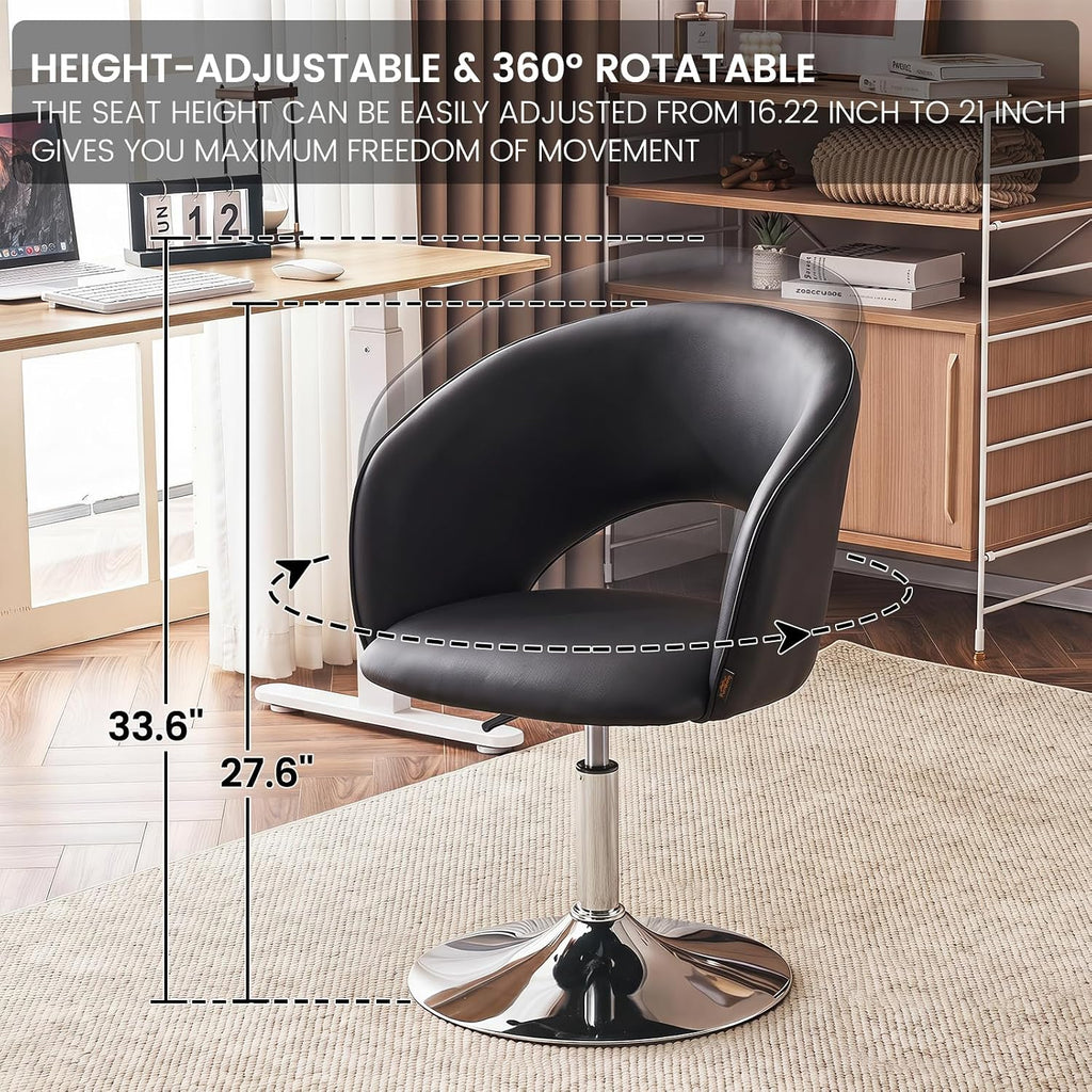 Furniliving Vanity Chair with Arm, PU Leather Chair for Vanity, Swivel Accent Chair, Adjustable Height Makeup Chair with Chrome Base, Living Room Chair for Bedroom, Makeup Room, Study Room, Black