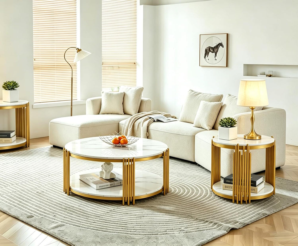3 Piece Living Room Table Set, Faux Marble Round Coffee Table and End Tables,...