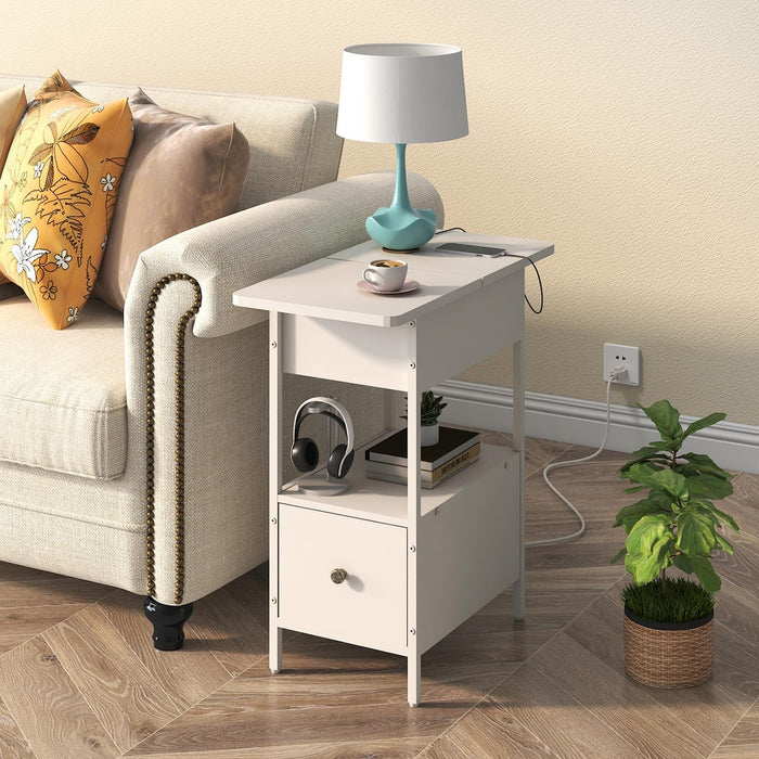SOOWERY End Table with Charging Station, Narrow Side Table for Living Room