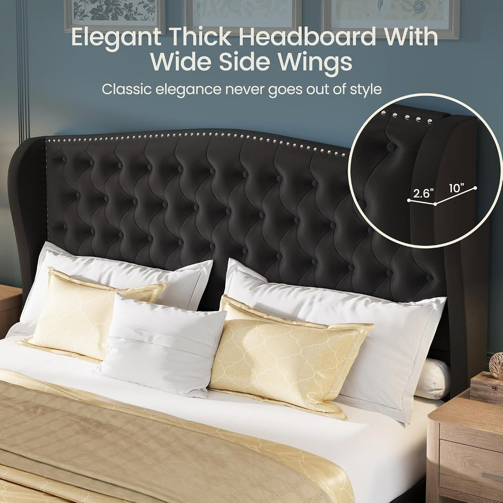 LARMACE King Size Bed Frame Velvet Upholstered Platform Bed with Wingback Hea...