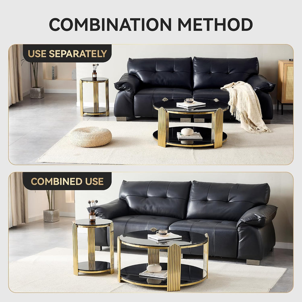 16.9'' Round Glass End Table with Gold Steel Frame, 2-Tier Sofa Side ...