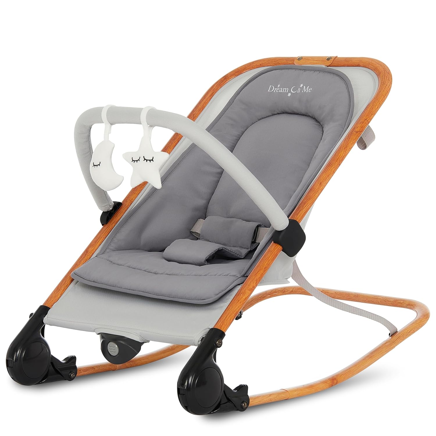 Dream On Me Rock On Me 2-in-1 Baby Rocker and Stationary Seat, Grey | Adjustable Recline, 3-Point Harness, Detachable Toys, Music & Soothing Motion, Quick Compact Fold, 20 Lb Limit, Beechwood