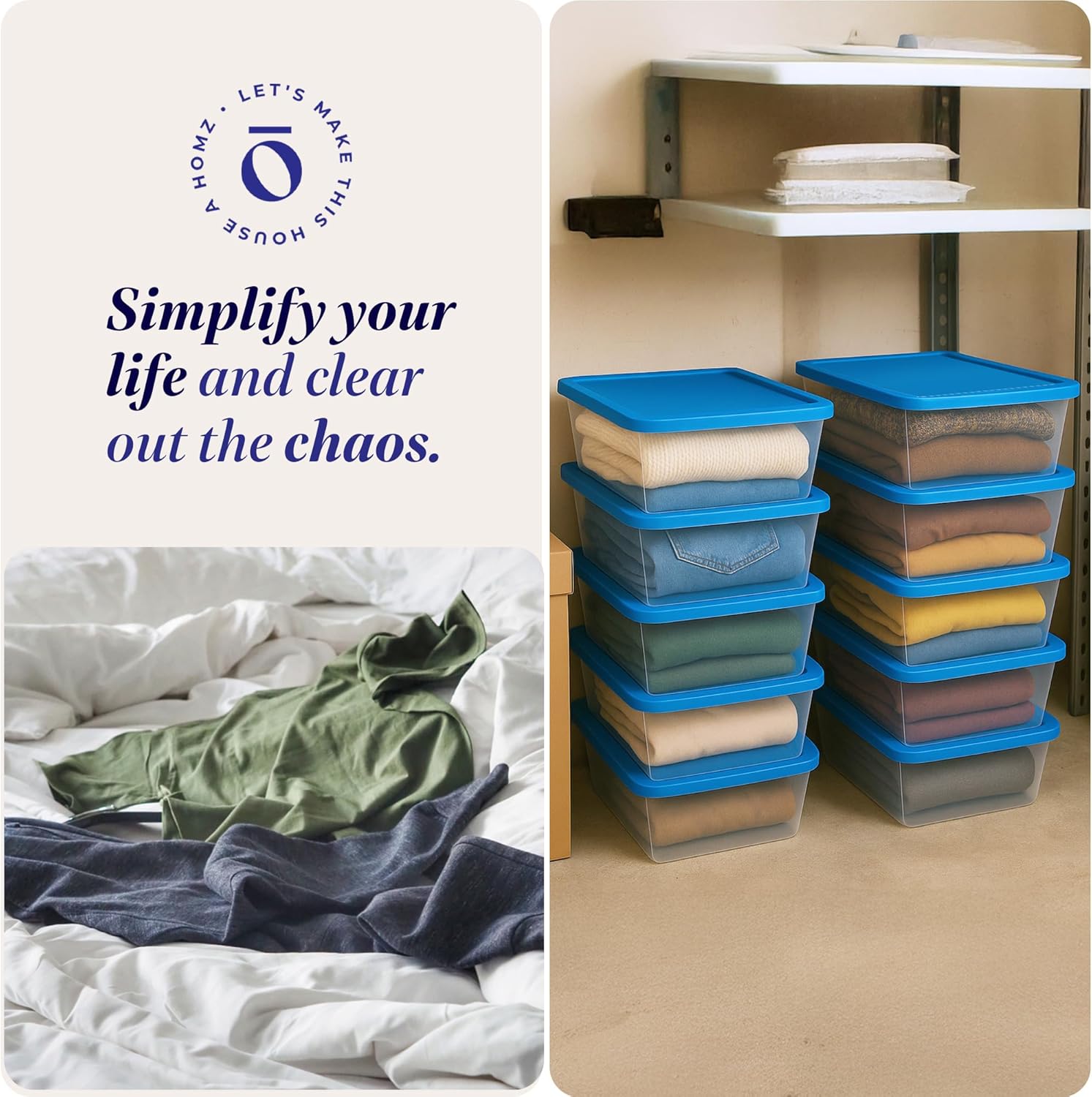 HOMZ 10-Pack Snaplock, Small Clear Plastic Storage Organizer Bins w/Lids, 6 Quart, Blue - Stackable Container Boxes for Bedroom, Bathroom, Garage, and Office Organization
