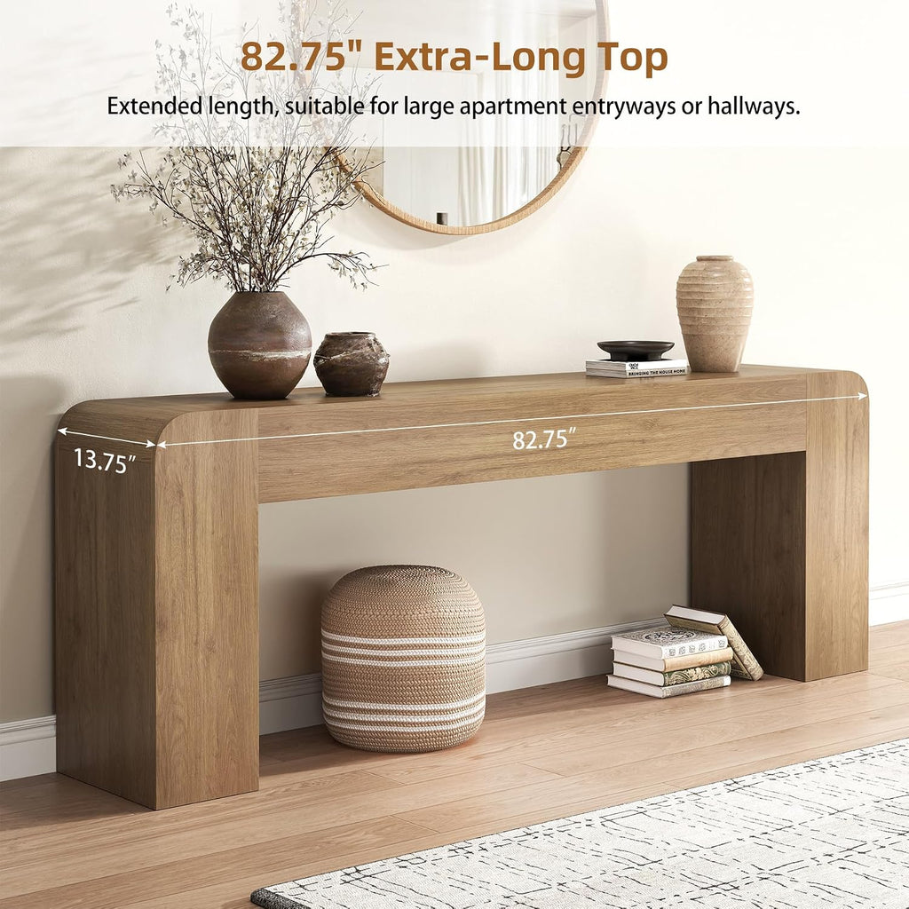 82.75" Extra Long Console Table for Entryway, Farmhouse Rounded-Edge Entryway Table, U-Shaped Foyer Table Sofa Table for Living Room Hallway Entrance, Rustic Brown