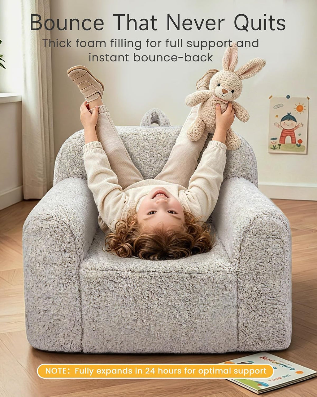 Pterying Kids Chair with Washable Soft Sherpa Cover | High-Resilience Foam, Stable Construction, Comfy Toddler Couch, Reading and Playing