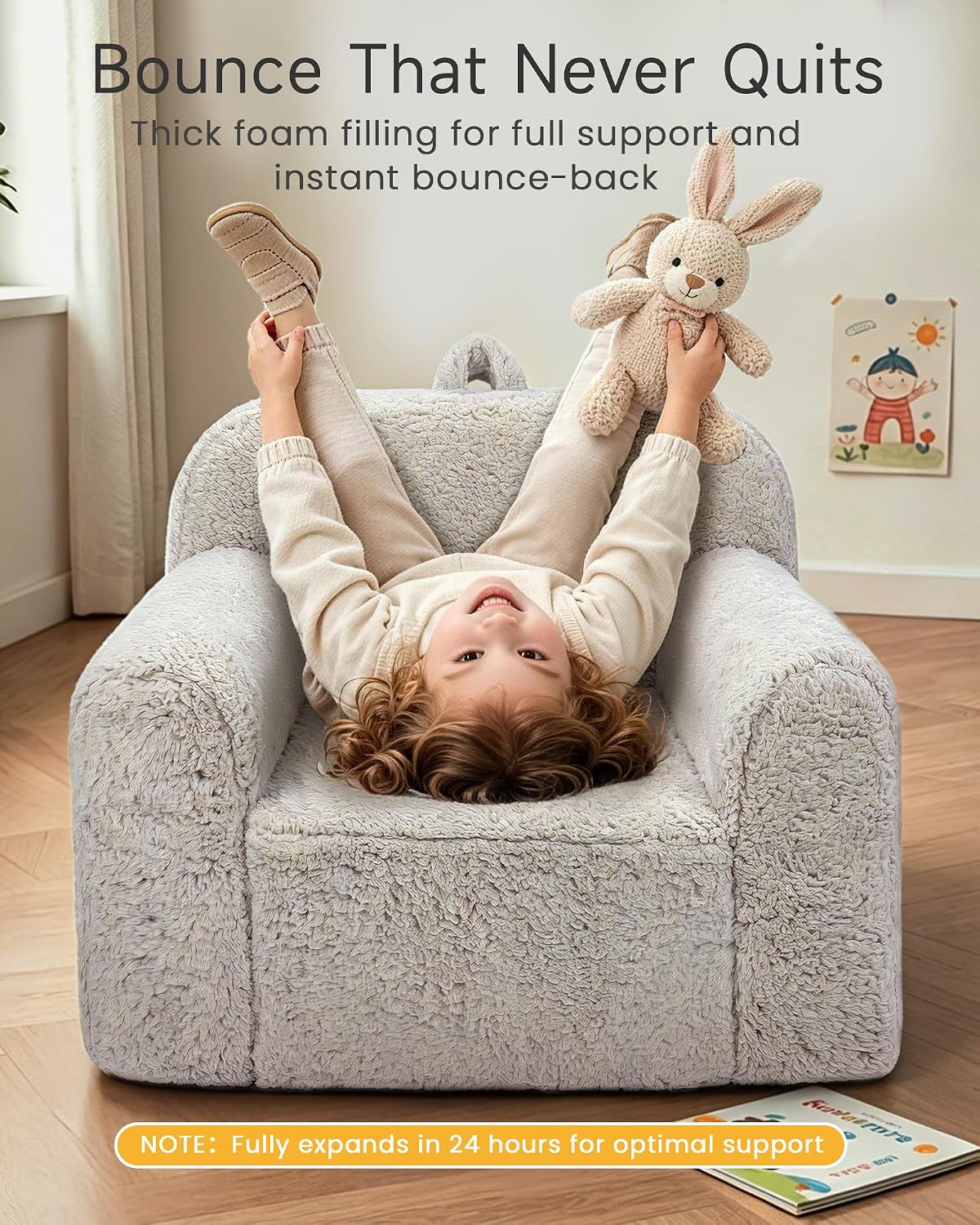 Pterying Kids Chair with Washable Soft Sherpa Cover | High-Resilience Foam, Stable Construction, Comfy Toddler Couch, Reading and Playing