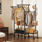 Homeiju Heavy Duty Clothes Rack Load 500LBS, Three Rods Clothing Racks for Hanging Clothes Extendable, Rolling Garment Rack with Sturdy Wheels, Basket, Storage Shelves, Black