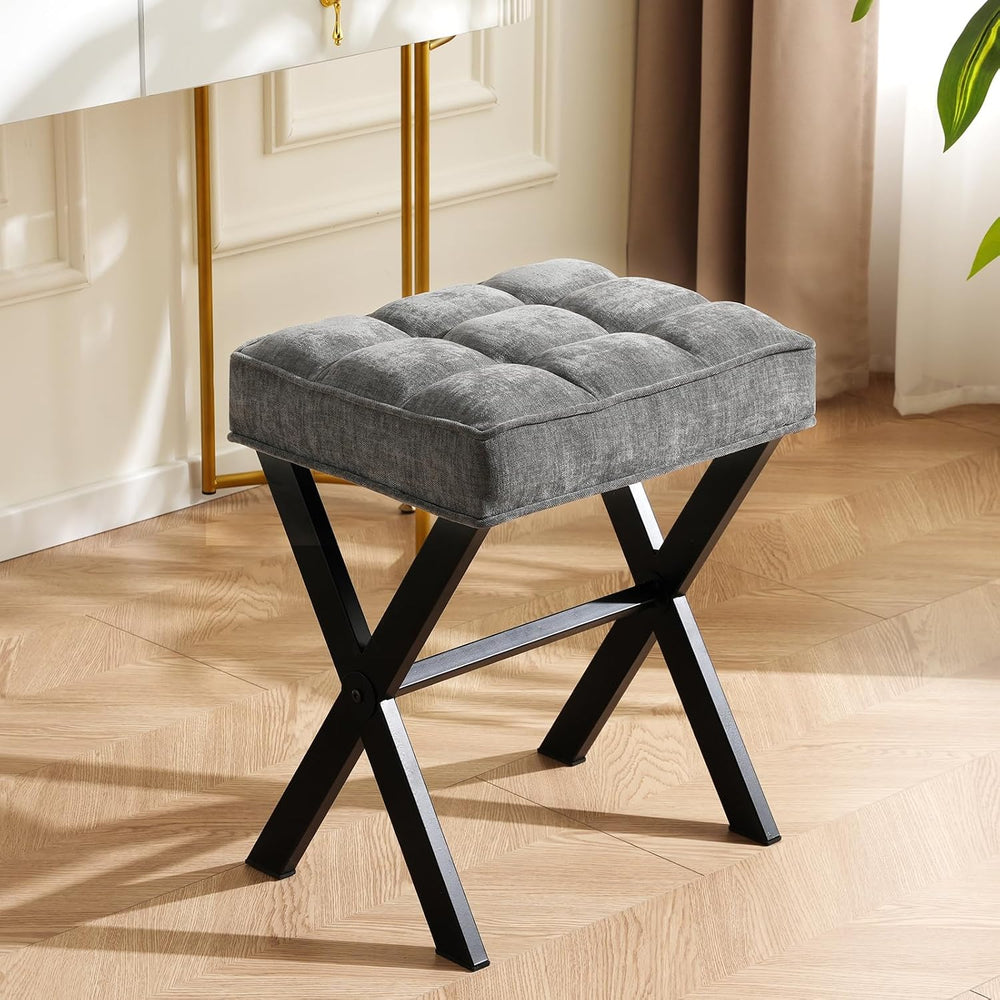 Makeup Chair, Modern Luxury Vanity Stool with Linen Plush Seat | Compact X Ba...