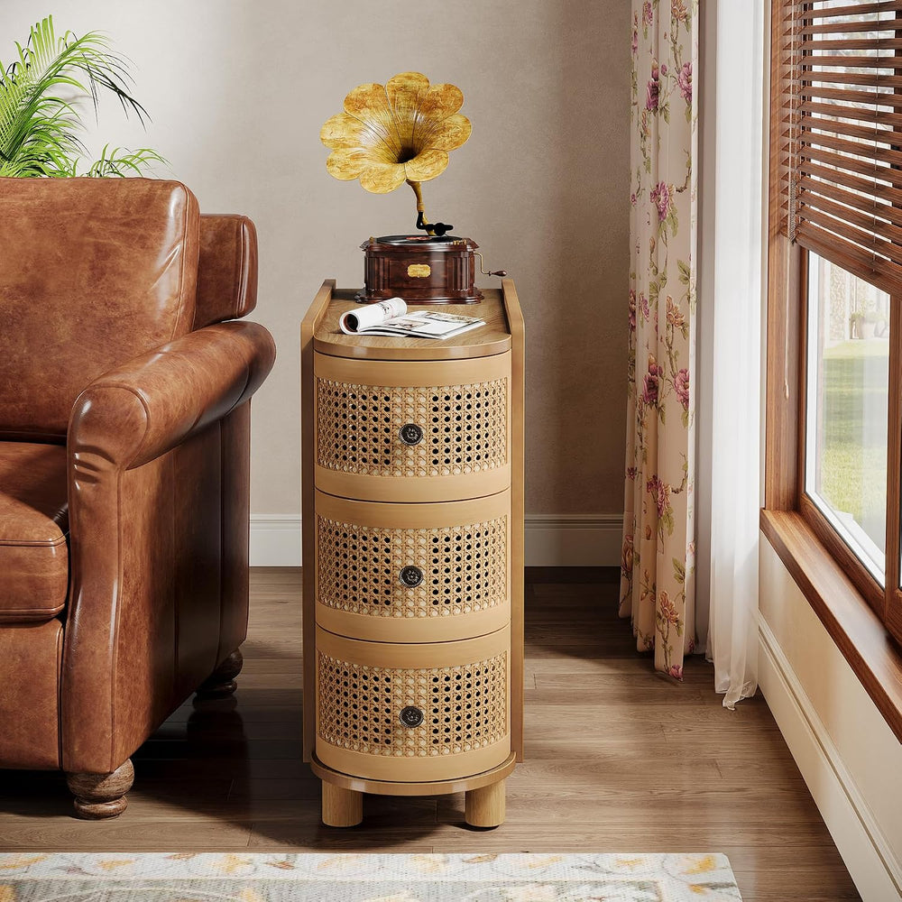 Tribesigns Solid Wood End Table, 3-Drawer Rattan Side Table, Night Stand with...