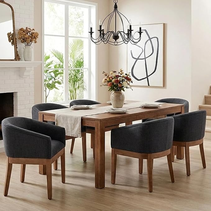 Wahson Mid Century Barrel Dining Chairs Set of 4, Charcoal Dining Room Chairs with Arms, Linen Upholstered Kitchen Chairs with Natural Wood Legs, for Bedroom/Living