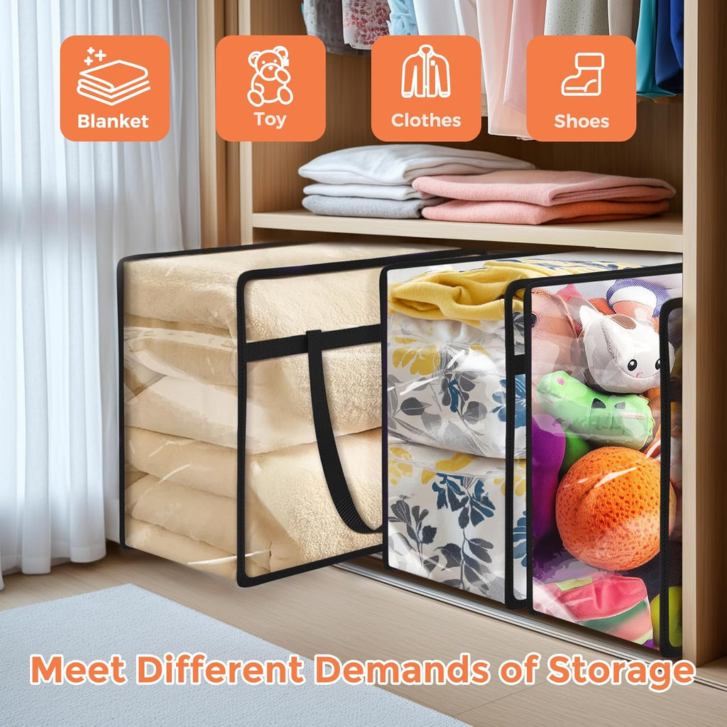 Budding Joy 6 Pack Clear Zippered Storage Bags for Clothes,40L Closet Organizers and Storage Containers Vinyl Moving Bag for Bedding, Linen, Blankets, Comforters, Clothing & Toys, Black