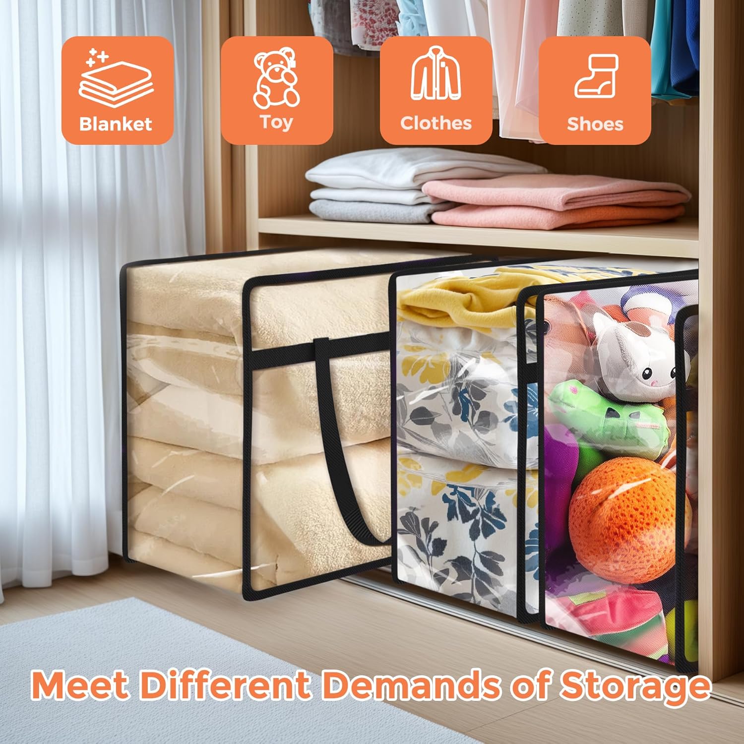 Budding Joy 6 Pack Clear Zippered Storage Bags for Clothes,40L Closet Organizers and Storage Containers Vinyl Moving Bag for Bedding, Linen, Blankets, Comforters, Clothing & Toys, Black