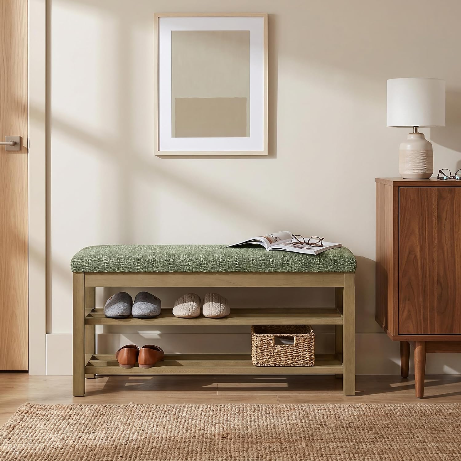 VKNOW 44.3” Entryway Bench, 2-Tier Upholstered Shoe Storage Bench, Green | Shoe Bench with Rubberwood Legs, Shoe Rack for Entryway, Hallway, End of Bed, Living Room