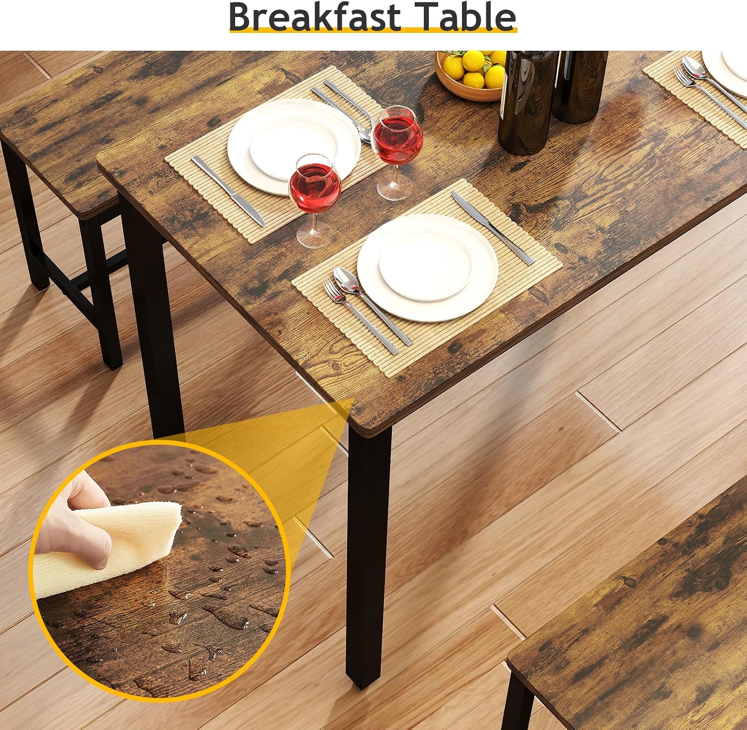 Rovibek Dining Table Set for 4 with 2 Benches – Space-Saving Kitchen Table Set for Kitchen & Dining Room, Rustic