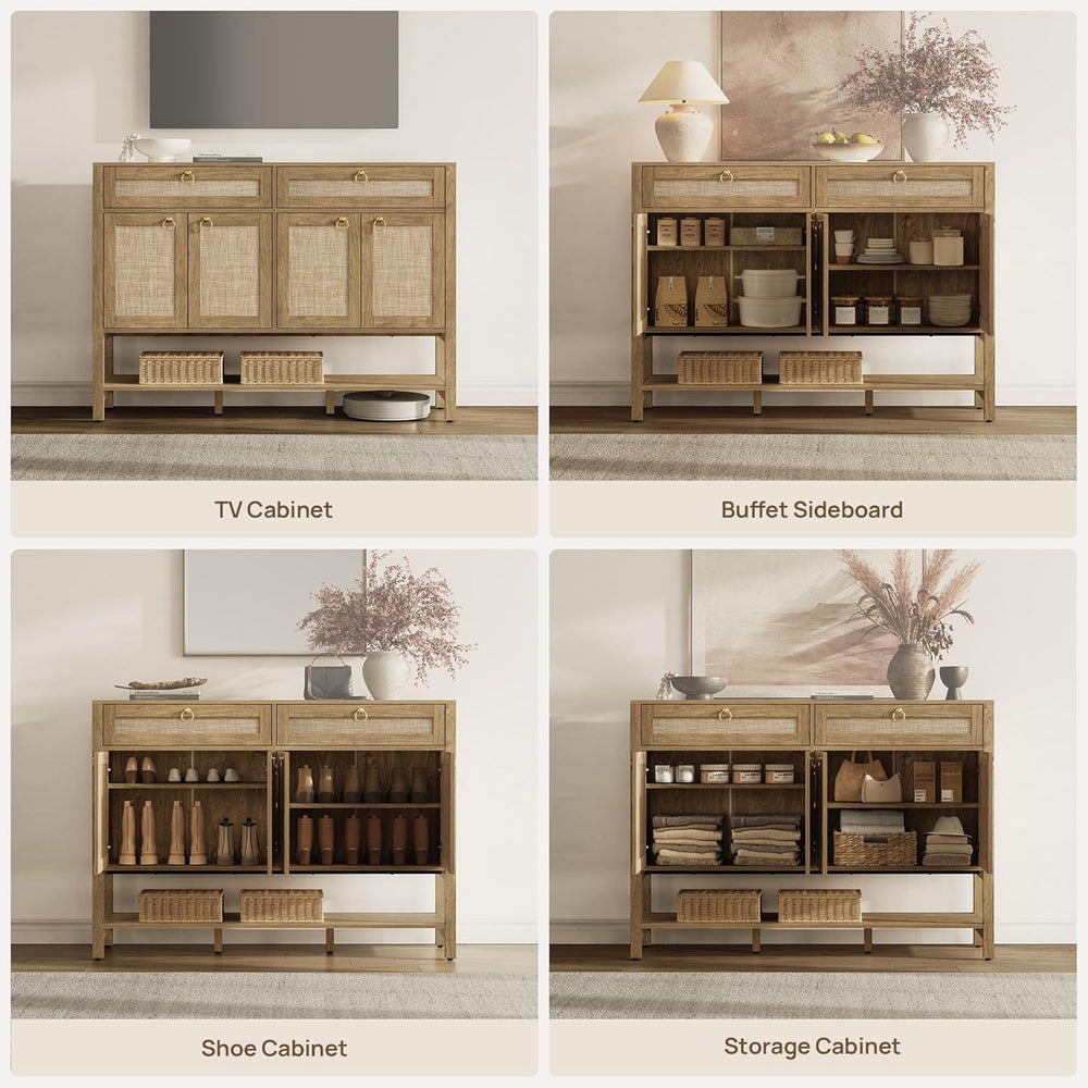 SICOTAS Rattan Sideboard Buffet Cabinet with Open Storage - Large Farmhouse C...