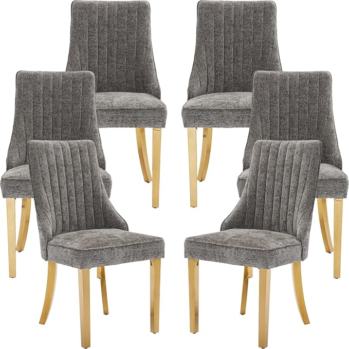 Grey Mid Century Dining Chairs Set of 6, Modern Kitchen & Dining Room Chairs Set of 6, Chenille Fabric Upholstered Kitchen Chair, Sillas de Comedor, Gold Legs (Gray, 6 Pcs)