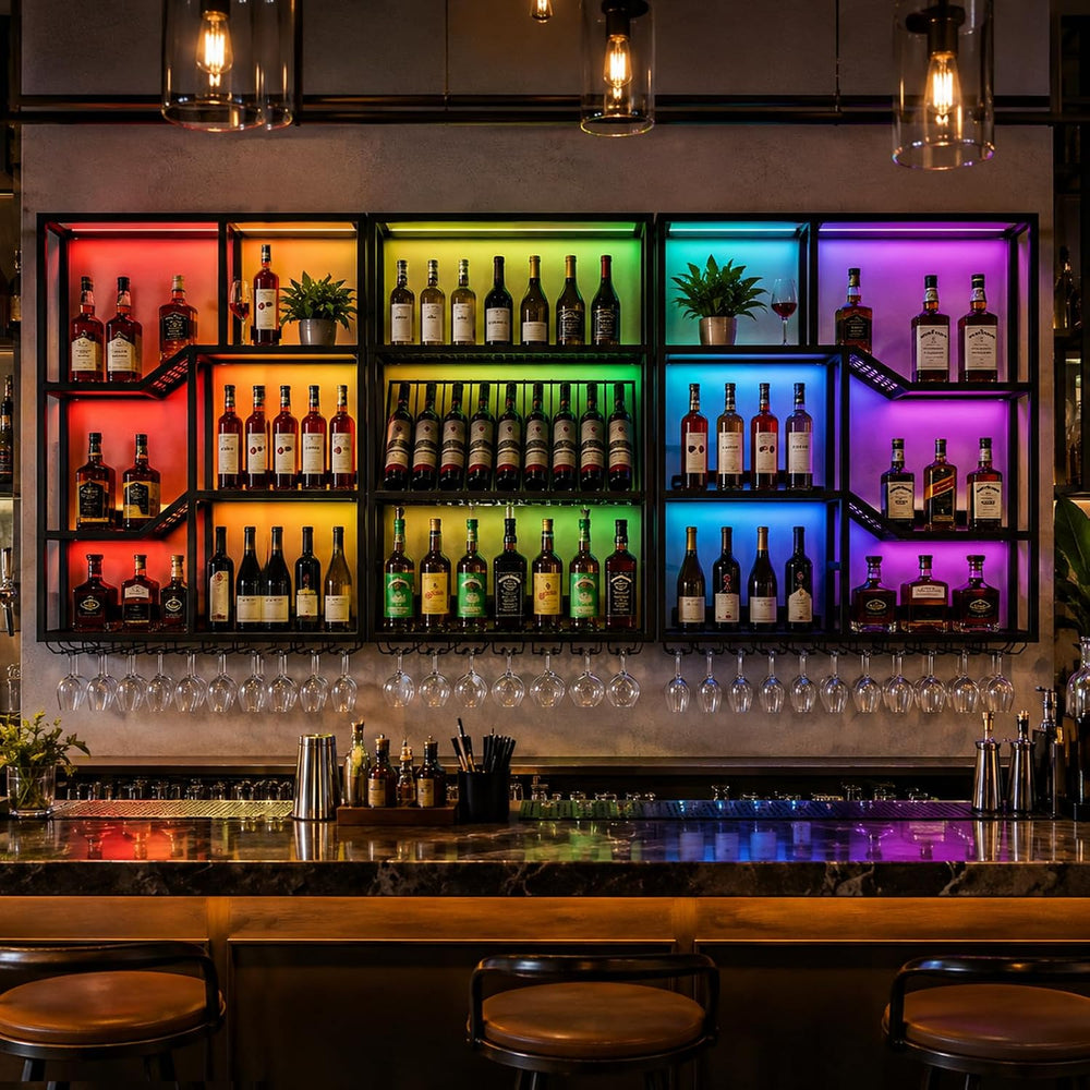 94.5in Wall Mounted Wine Rack with LED Light, Heavy Duty Metal Liquor Shelf, ...