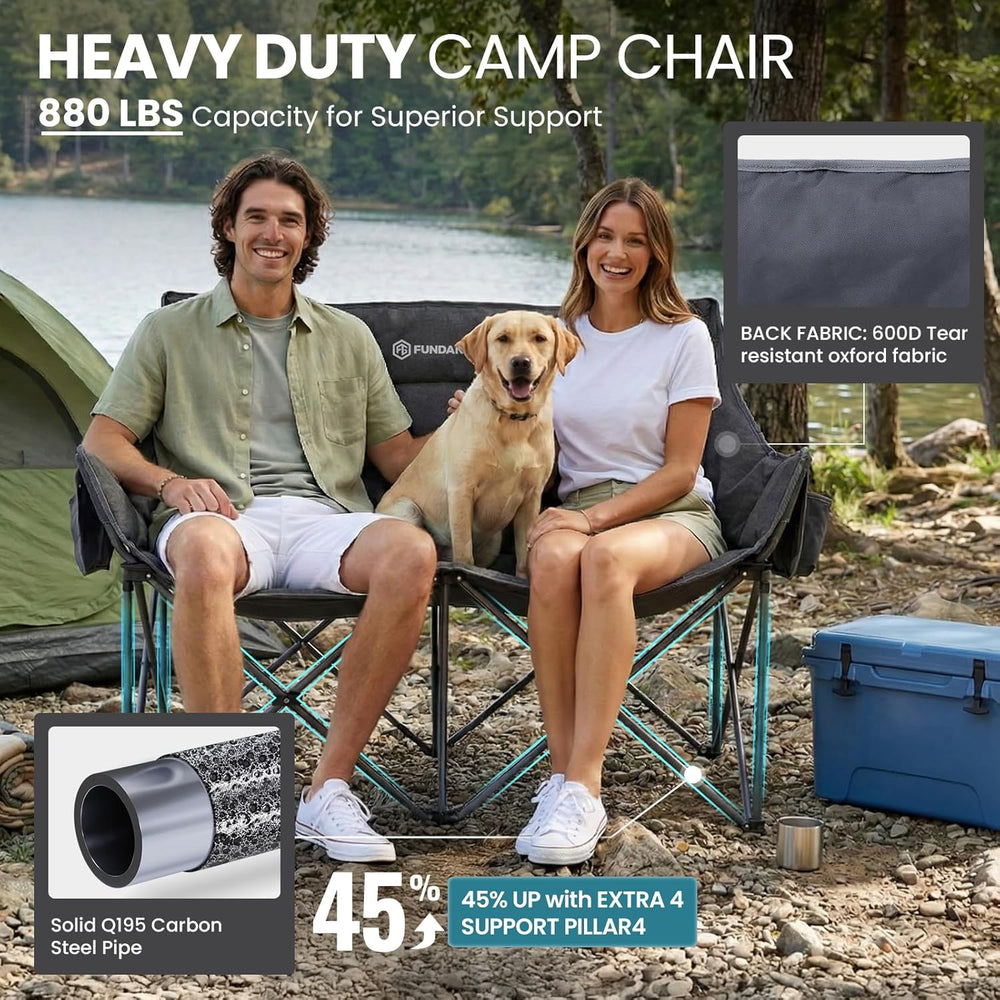FUNDANGO Double Camping Chair, Oversized Padded Camping Loveseat for Adults, ...