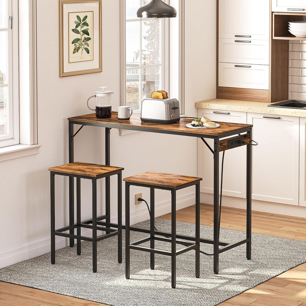 HOOBRO Bar Table and Chairs Set, 47.2" Dining Table Set with Power Outle...