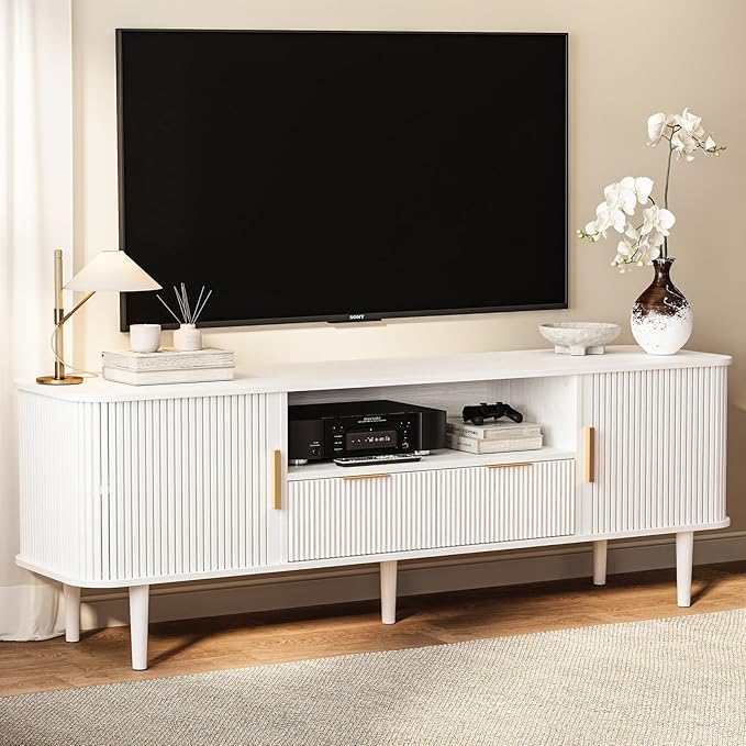 TV Stand 62.4 Inch Mid Century Modern Media Console Table with Drawer Sliding Tambour Door Farmhouse Sideboard Buffet Cabinet Fits TVs up to 75 inch Fluted Wood Entertainment Center(White)
