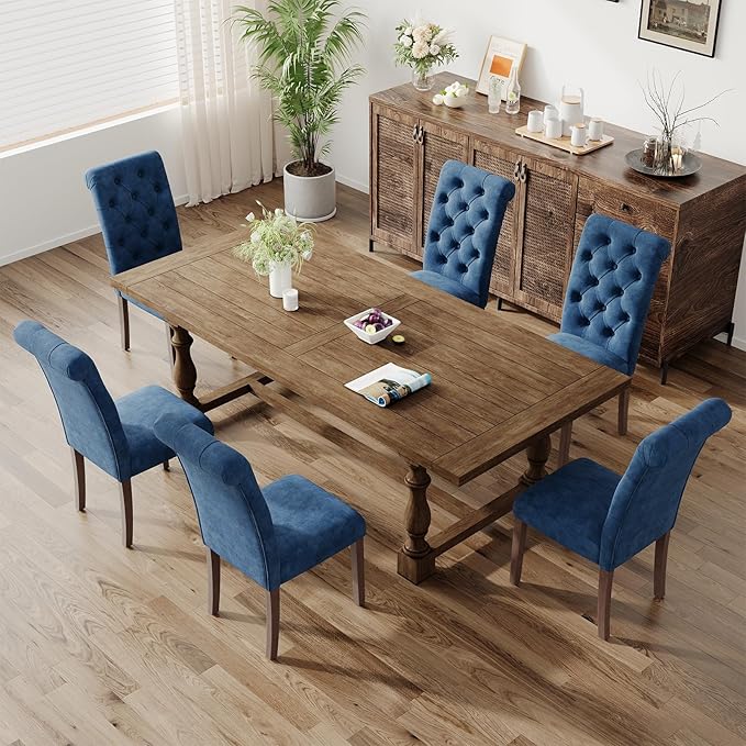 Upholstered Tufted Dining Room Chairs Set of 4, Parsons Kitchen Chairs with Padded Seat and Solid Wood Legs, Fabric Accent Side Diner Chair for Dining Room/Kitchen/Living Room, Blue