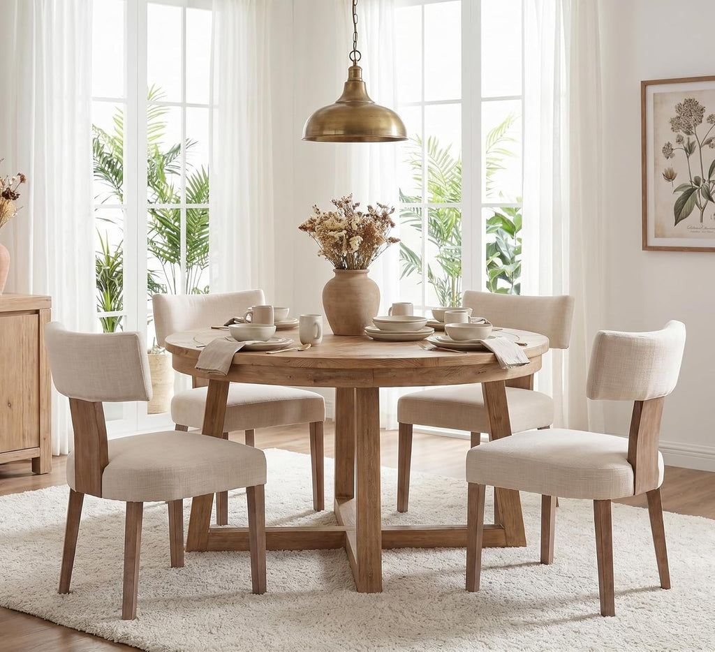 RIVOVA Mid Century Modern Dining Chairs Set of 6 Upholstered Linen Fabric Dining Chairs Curved Backrest Farmhouse Dining Room Chairs Kitchen Chairs with Wood Legs, Beige