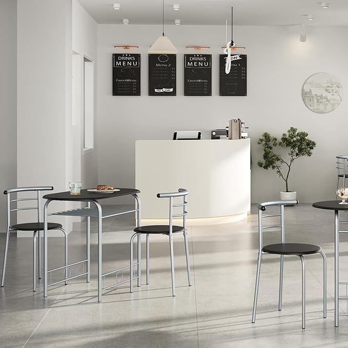 Yaheetech 3-Piece Dining Room Table Set, Kitchen Table & Chair Sets for 2, Compact Table Set w/Steel Legs, Built-in Wine Rack for Breakfast Nook, Small Space, Apartment, Black, 31.5x21x29" (LxWxH)