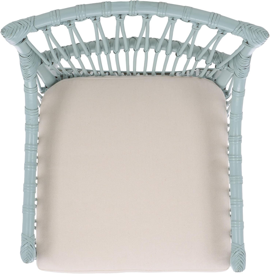 SAFAVIEH Furniture - Zorianna Dining Chair - Light Blue Rattan & White Cushion - Armchair Design - Ideal for Dining Room, Kitchen, 18.5" Seat Height (DCH6505C)