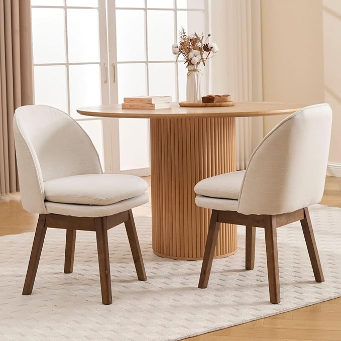 Upholstered Dining Chairs Set of 2, Modern Linen Fabric Dining Room Chairs with Solid Wood Legs & Double-Padded Seat, Swivel Accent Desk Chair for Kitchen Dining Room Restaurant - Beige