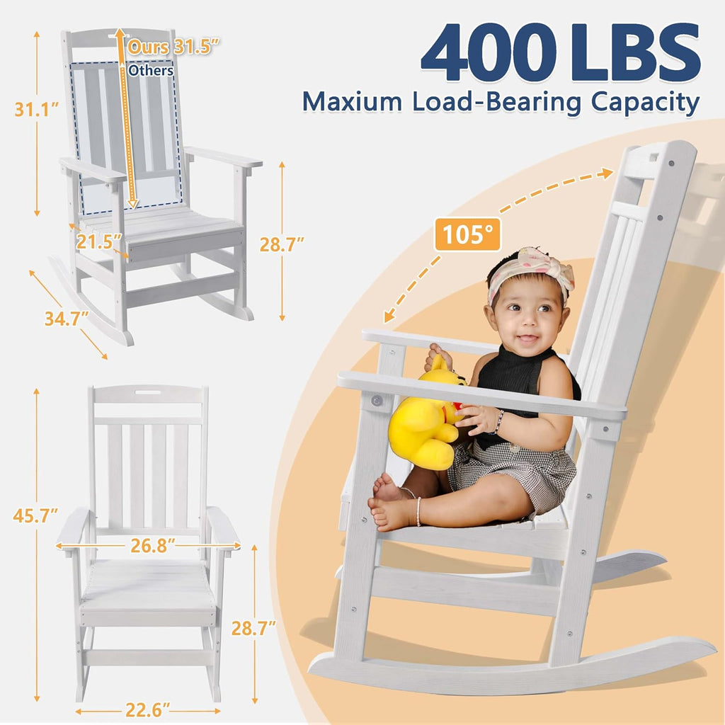 Outdoor Rocking Chair Oversized of 2 & Side Table Set, HDPE All Weather Resistant Patio Rocker, 31.5" High Back 21.5" Deep Seat Porch Chairs Set for Lawn Garden Deck Balcony 400lbs Capacity(White)